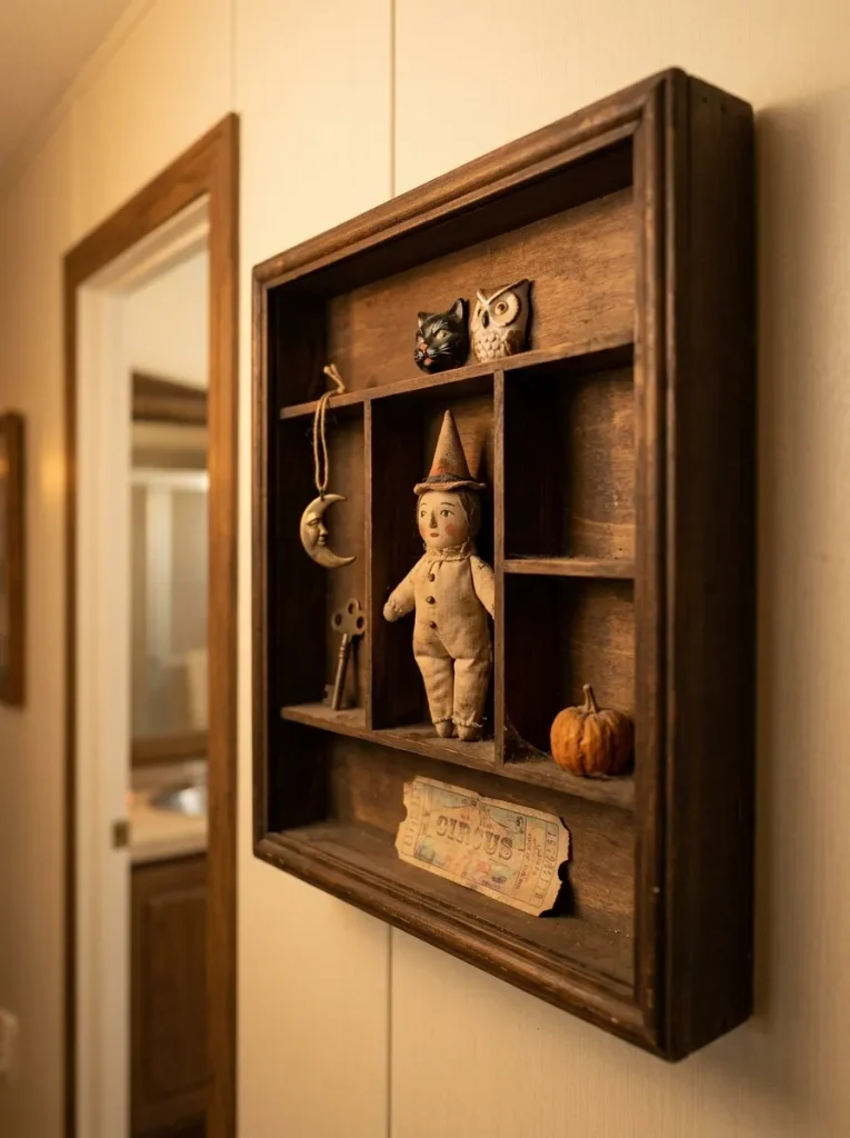 A small shadowbox contains the strangest Halloween objects so they read as a collection rather than clutter.