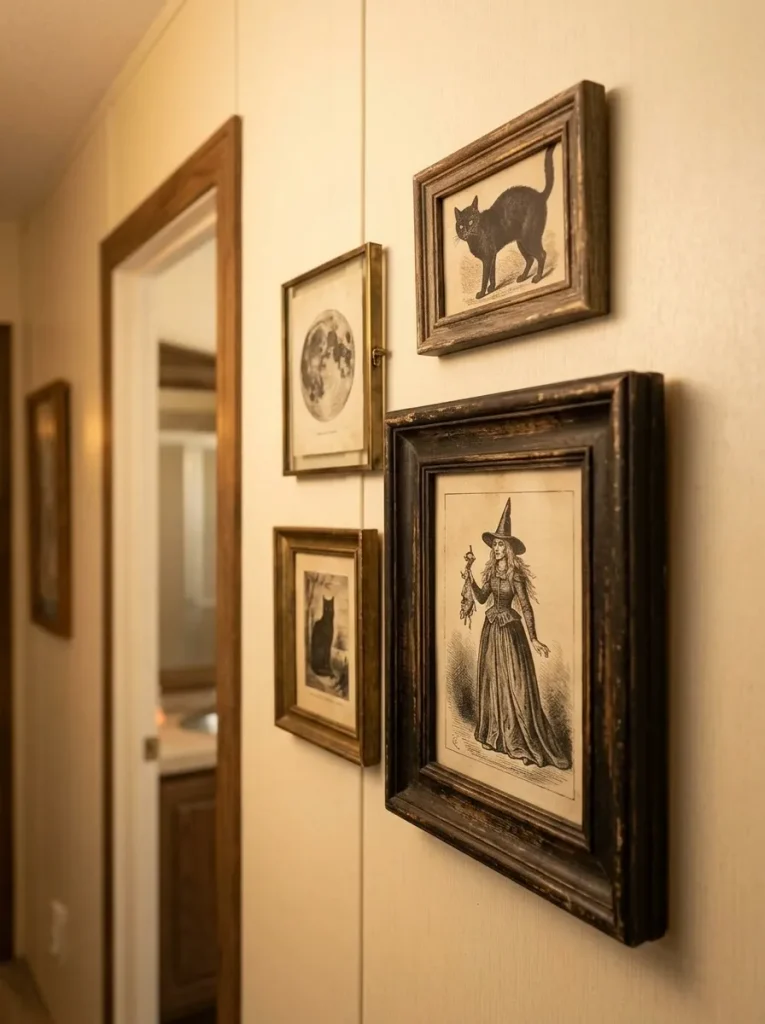 Traditional frames help new Halloween prints feel naturally connected to an older interior.