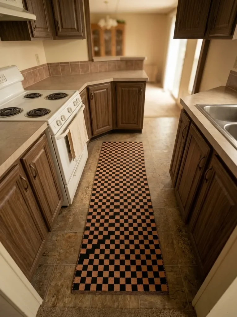 A single graphic runner gives the narrow galley a strong Halloween moment without using counter space.