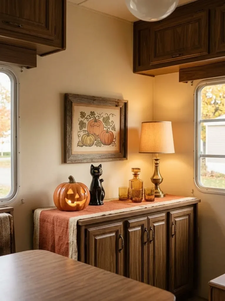 1970s vintage Halloween decor in an older mobile home dining area with amber glass, ceramic pumpkin, and black cat accents.