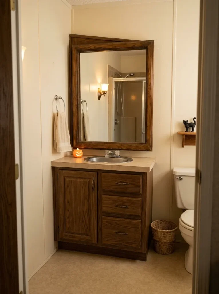 Three carefully chosen Halloween signals are enough to transform a compact older mobile-home bathroom.