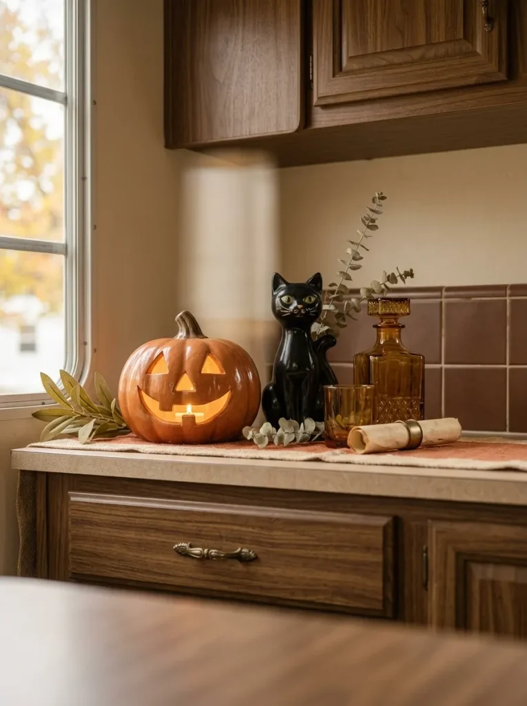 Rust orange, parchment, black, and amber work naturally with the home’s existing warm finishes.