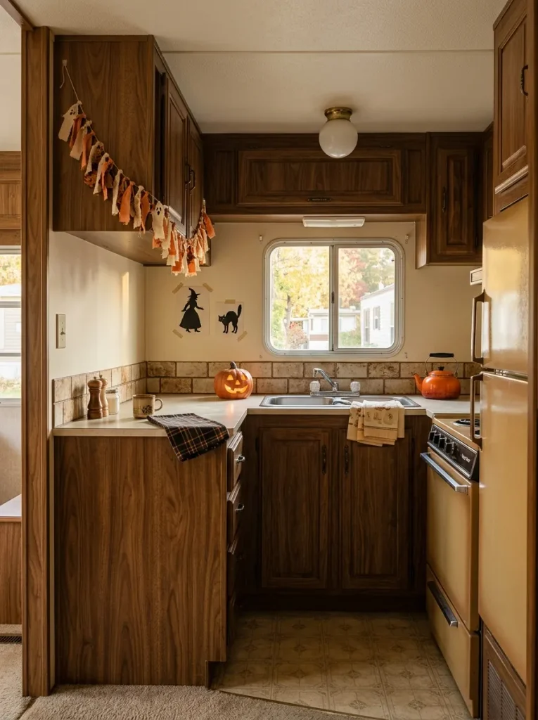 Original wood, cream, and brown finishes create a naturally warm backdrop for vintage Halloween décor.