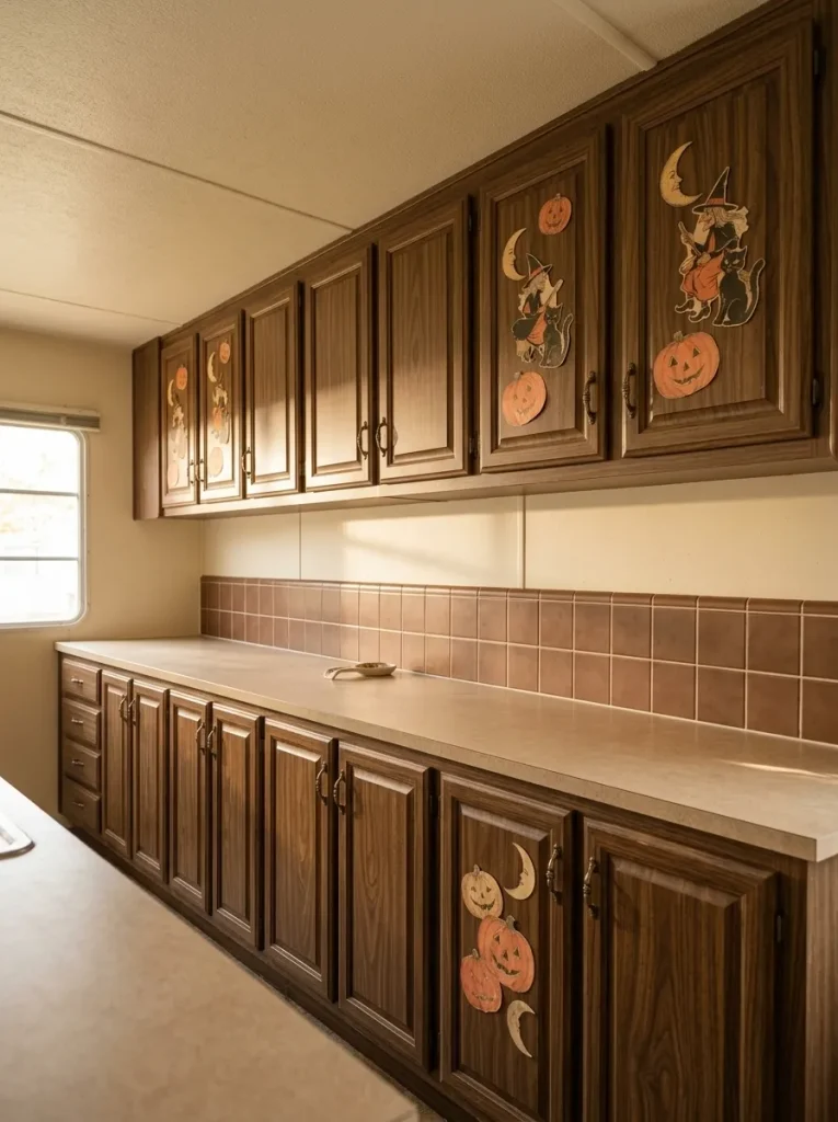 Vintage paper cutouts turn cabinet doors into Halloween display space without crowding the counters.