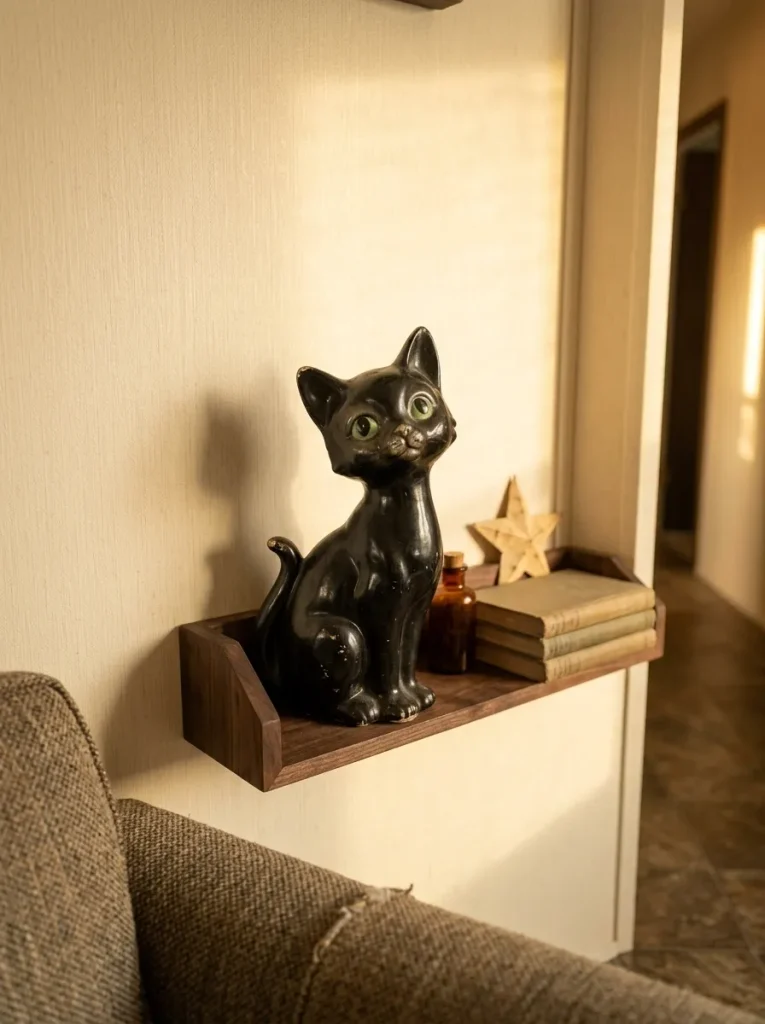 One expressive Halloween character creates stronger hierarchy than a shelf filled with equal-size decorations.