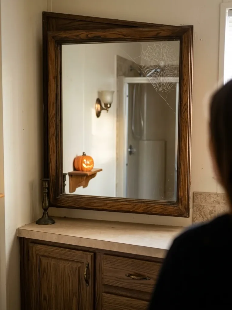 A single web on the mirror creates more depth than covering the entire bathroom with spiderweb décor.