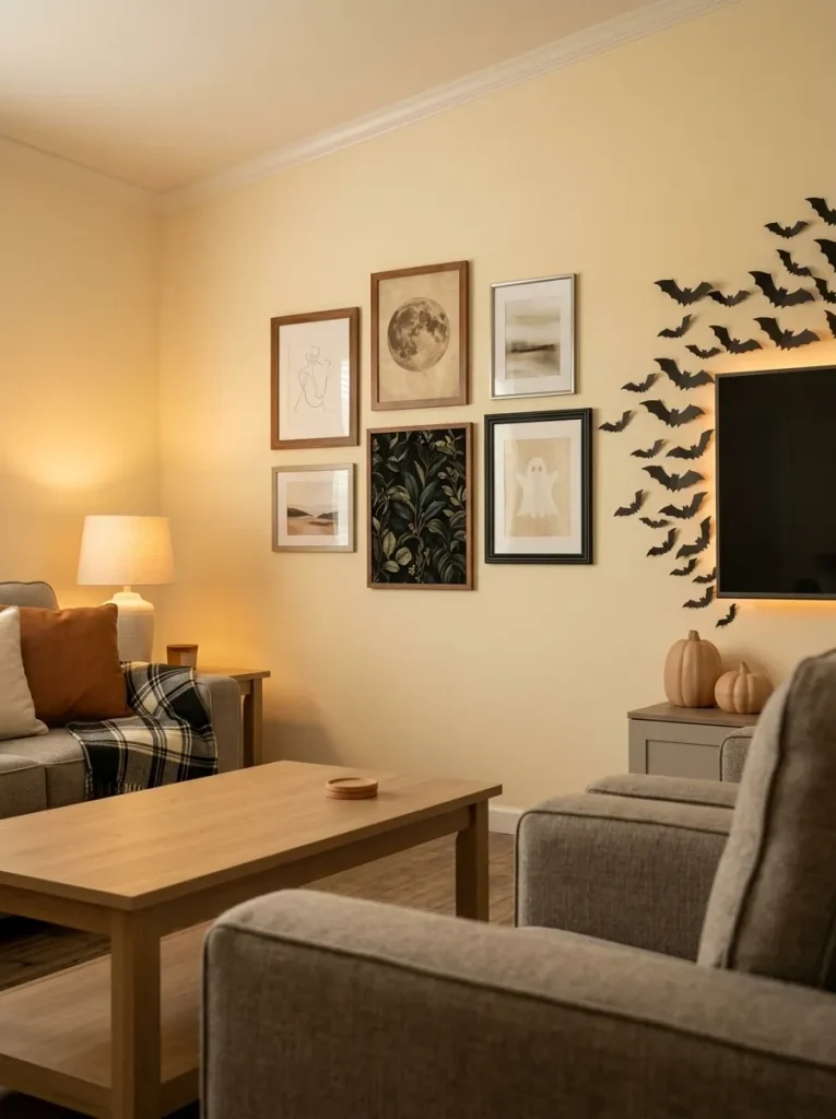 Existing gallery frames in a mobile home updated with restrained vintage-style Halloween art among everyday artwork.