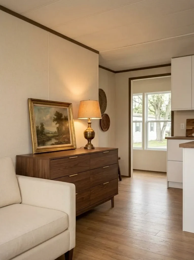 Vintage thrifted artwork paired with a clean modern dresser in a warm mobile home fall interior.