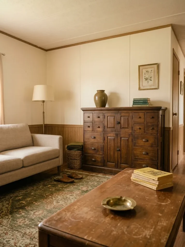 Mobile home sitting room with naturally worn thrifted wood furniture, aged brass and vintage decor showing attractive patina.