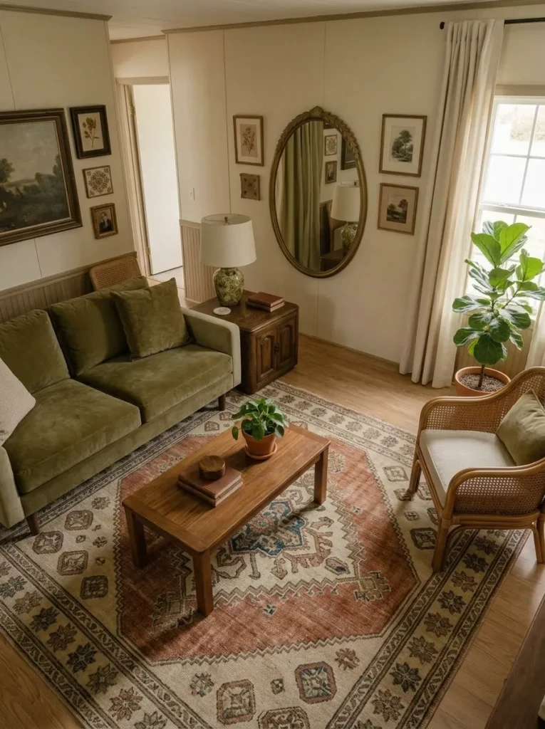 Large faded vintage rug connecting mismatched furniture in a compact mobile home living room with restrained surrounding textiles.