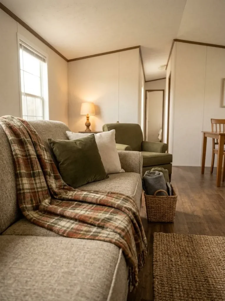 One vintage patterned throw serving as the main fall textile in a coordinated mobile home living room.