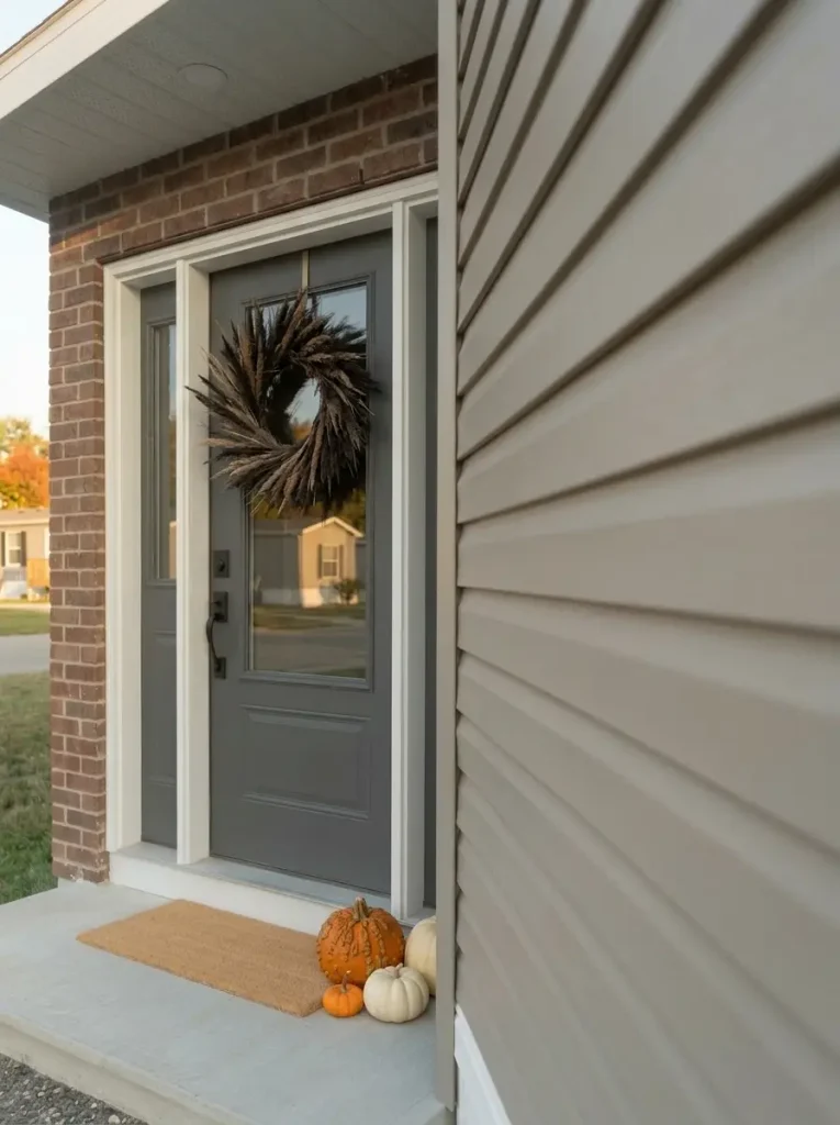 Vinyl-sided mobile home entrance with one large fall wreath and one compact pumpkin grouping.