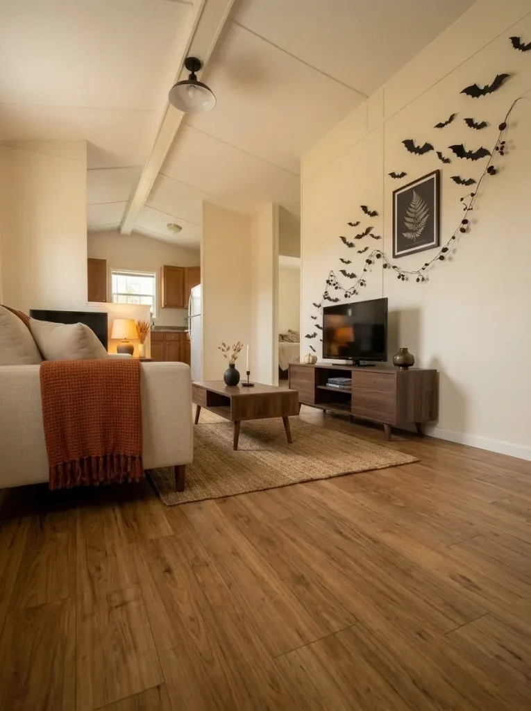 Moving Halloween upward creates a large visual moment while preserving the floor area needed for comfortable movement.