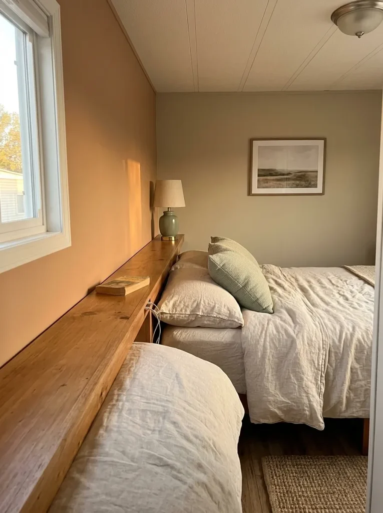 Wall-to-wall headboard ledge provides compact bedside surfaces while preserving walking space in a mobile-home bedroom.