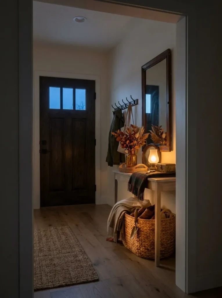 Small mobile home fall entryway at dusk with layered warm light illuminating wood, foliage, baskets, and a mirror.