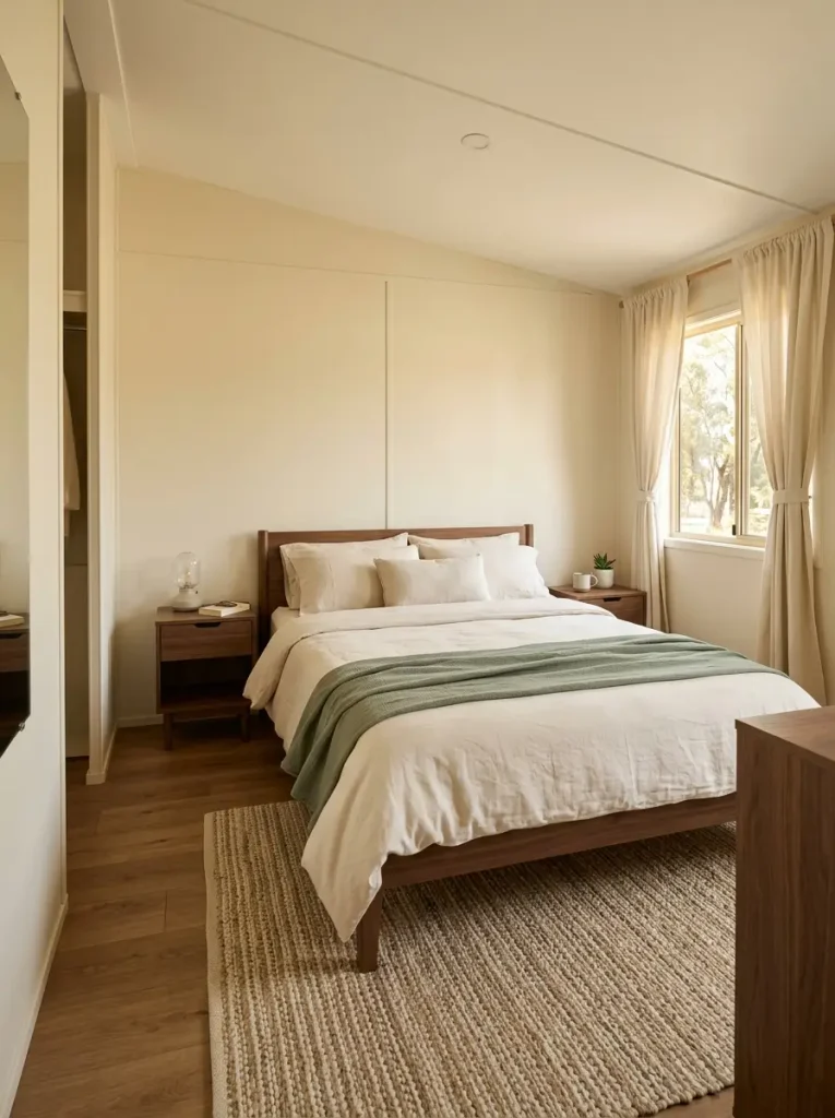 Warm ivory mobile home bedroom with cream bedding, oak flooring, walnut furniture, and muted sage accents.