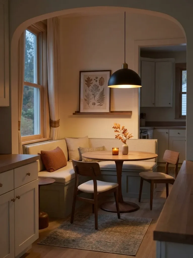 Warm pendant light creates a cozy fall atmosphere over a compact mobile home dining nook with minimal seasonal decor.