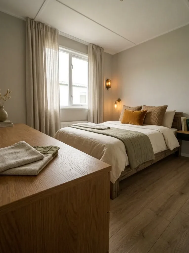 Warm oak furniture and flooring coordinated with olive, cream, ochre, and oatmeal textiles in a cozy mobile home bedroom.