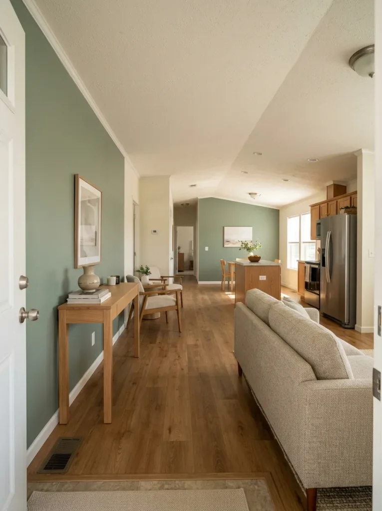 Muted sage wall visually connects the living, dining, and kitchen areas in a narrow mobile home.