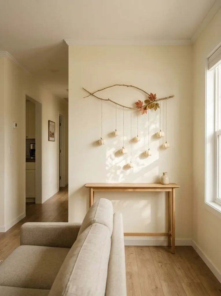 Shallow wall-mounted branch with hanging white pumpkins above a console in a compact mobile home living room.