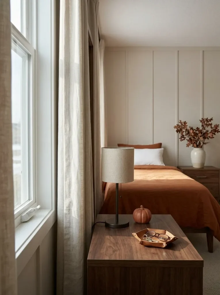 Low fall decor on a window-side nightstand keeps curtains and daylight visually clear in a small mobile home bedroom.