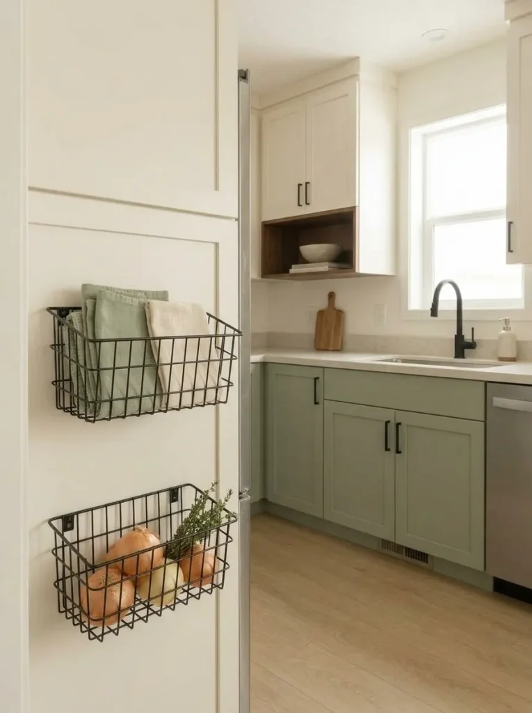 Shallow wire baskets beside kitchen cabinetry holding lightweight quick-grab items without taking up counter or floor space.