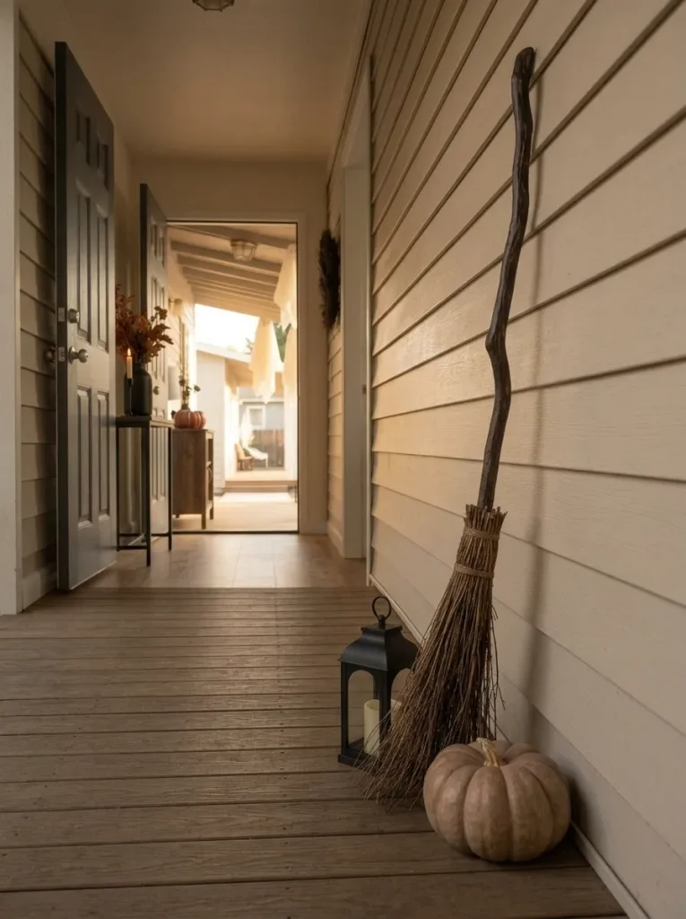 A single witch broom with one lantern and pumpkin creates a tall Halloween accent beside a small mobile home doorway.