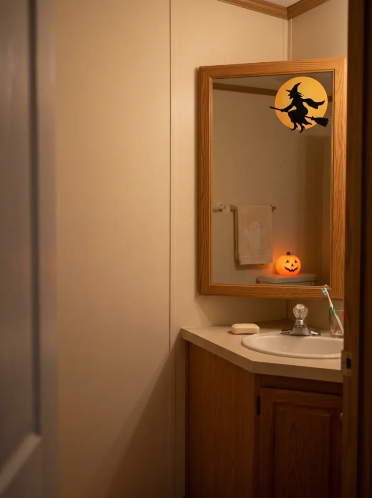 Witch-and-moon silhouette on a bathroom mirror reflecting a ghost towel and pumpkin light in a small mobile home.