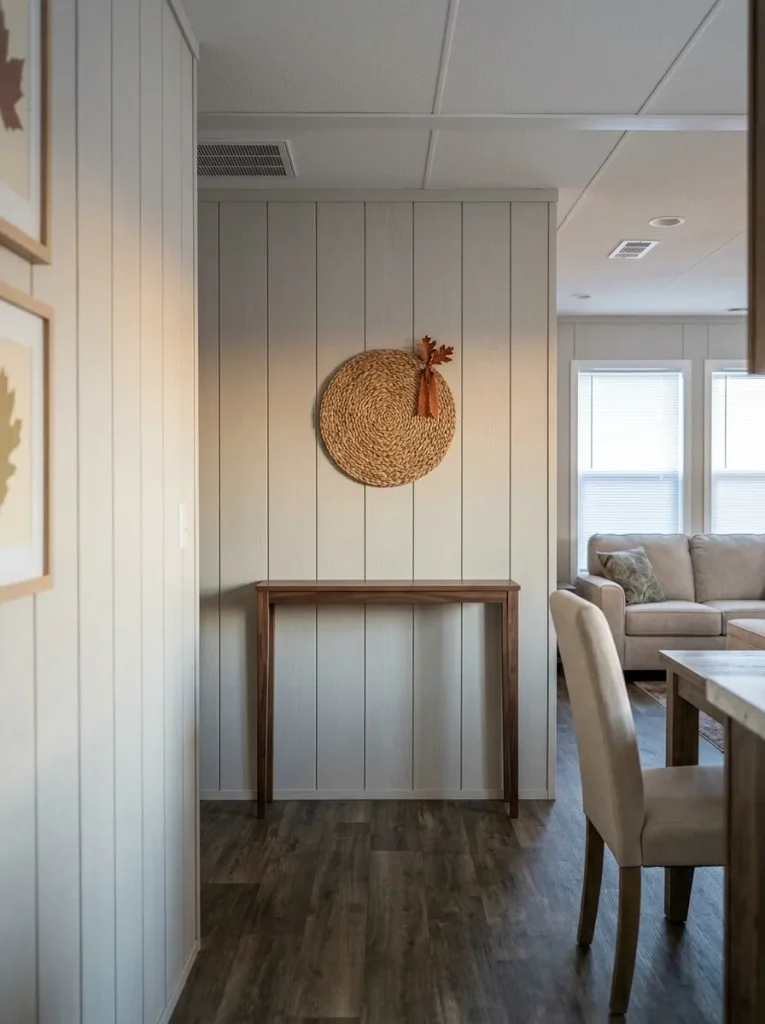 Moving woven fall texture onto the wall preserves precious surfaces while still giving the room a warm seasonal layer.