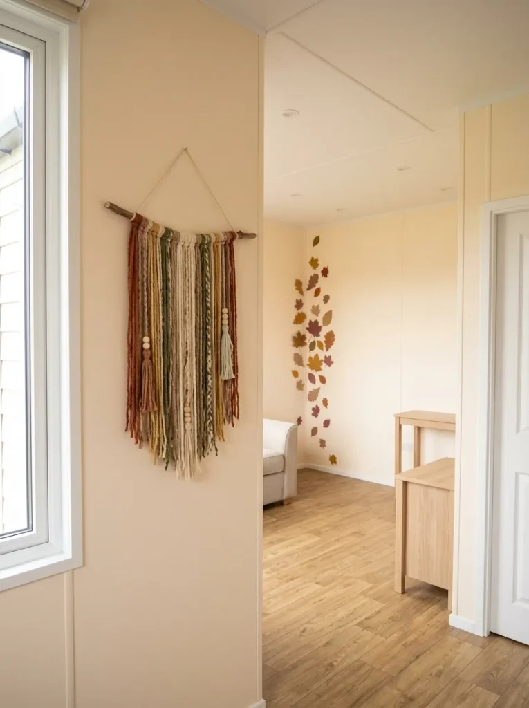 Soft yarn and tassel fall banner adding texture between hard door and window lines in a compact mobile home room.