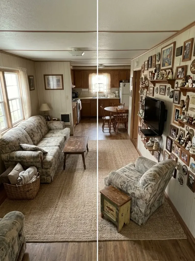 Before-and-after mobile home living room transformed for free by clearing surfaces, moving furniture and regrouping existing decor.