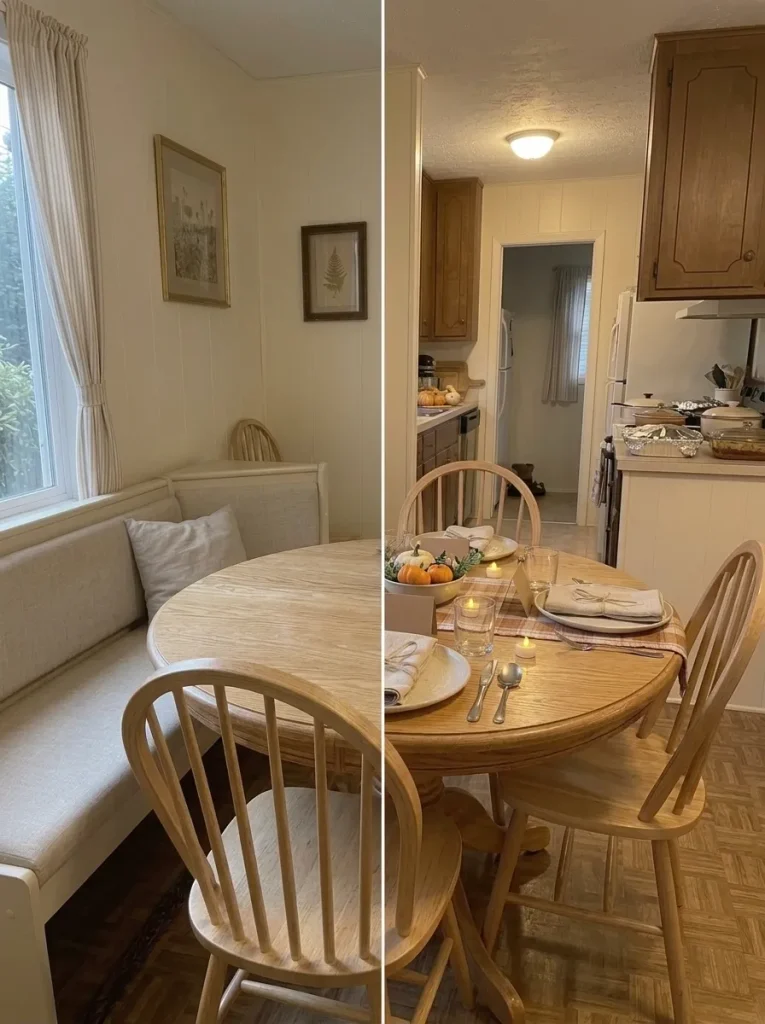 Side-by-side conceptual before and after of the same mobile home dining nook with low-cost Thanksgiving textiles and fall decor.