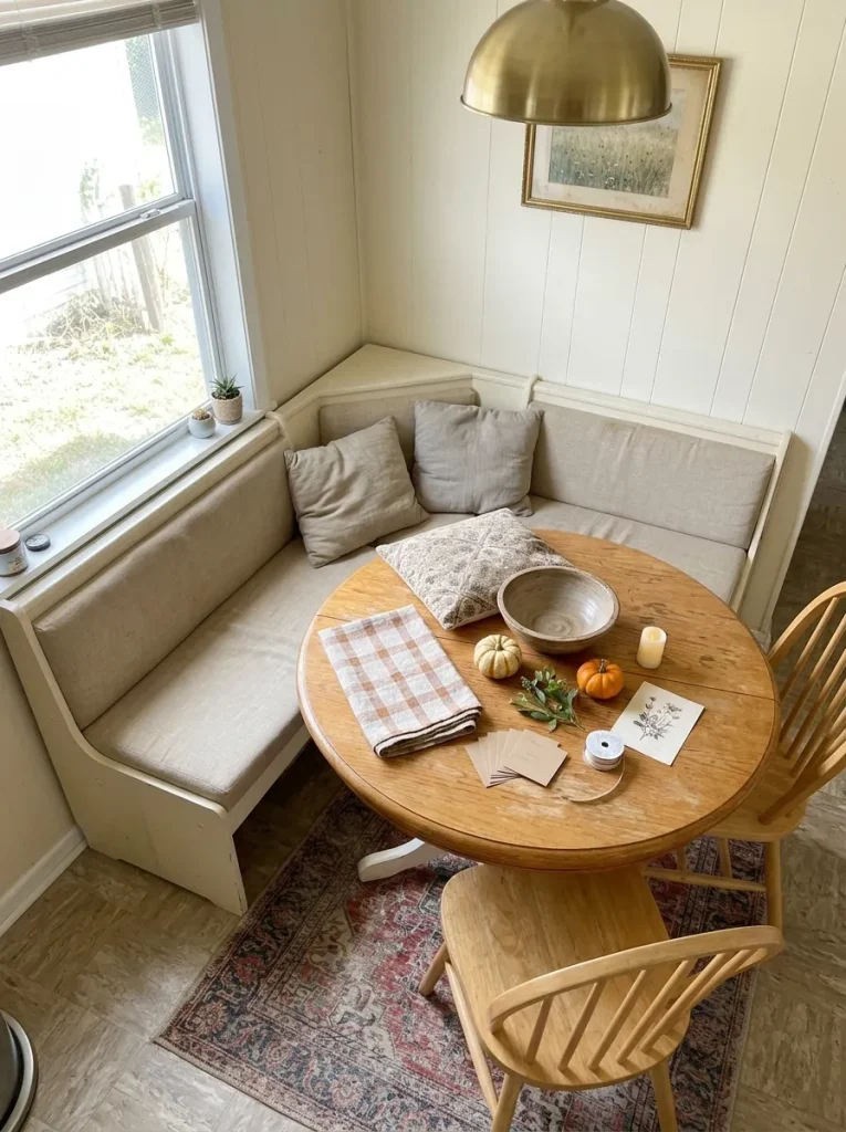 Budget Thanksgiving decorating supplies arranged on an existing round dining table in a small mobile home.