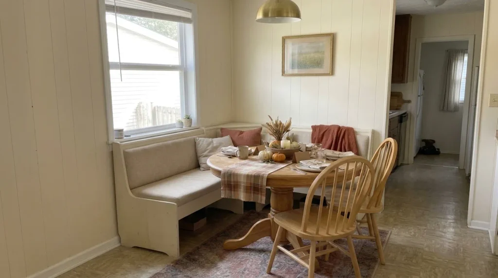 Small mobile home Thanksgiving dining nook with a round oak table, cream corner bench, autumn table runner, and affordable fall decorations.