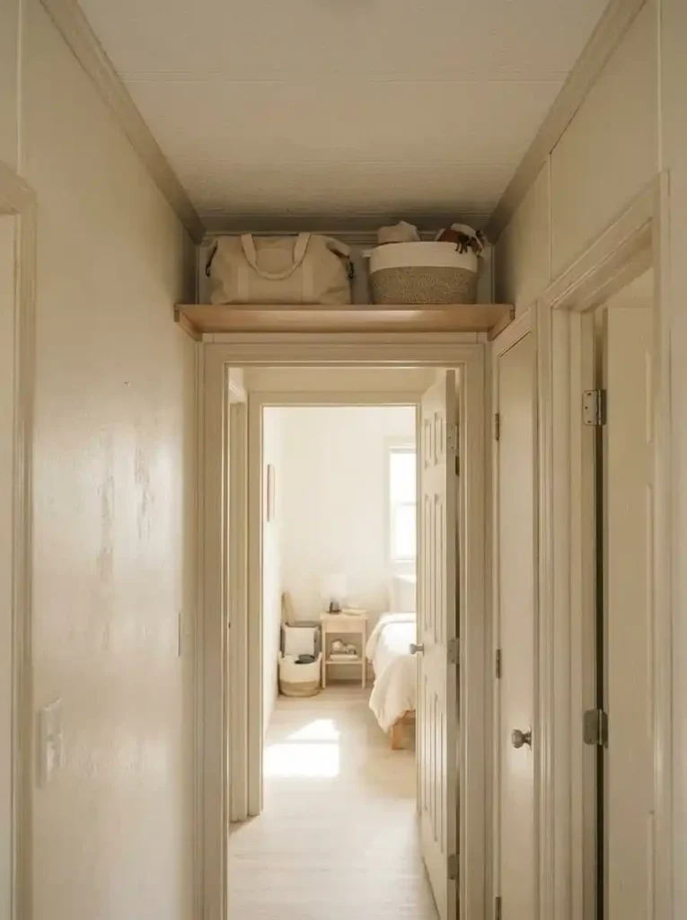 Shallow shelf above a mobile home doorway holding lightweight occasional items while the doorway and connected room remain visually open.