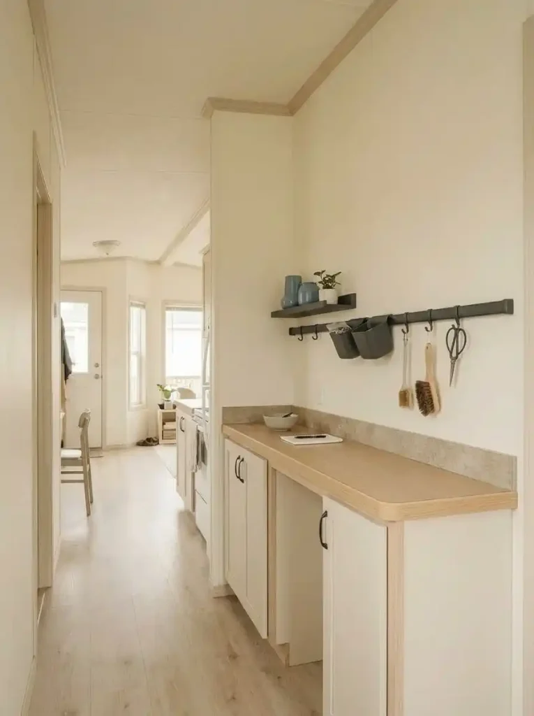 Adjustable wall rail with hooks, shallow containers and a short shelf above a mobile home work counter while the narrow floor route stays open.