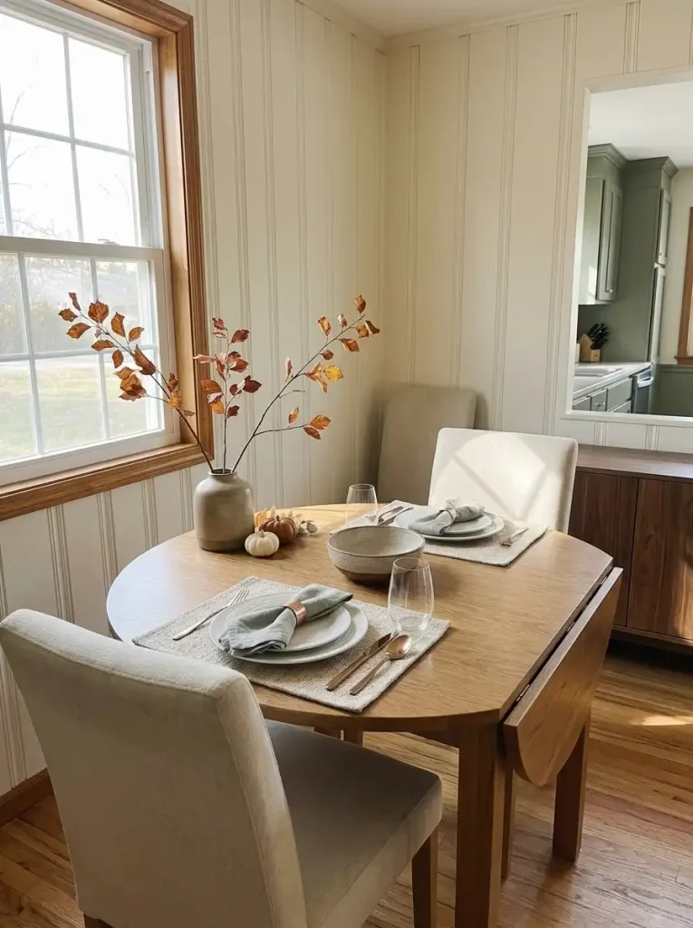 Sparse autumn branches in a compact vase at the far edge of a small Thanksgiving dining table.