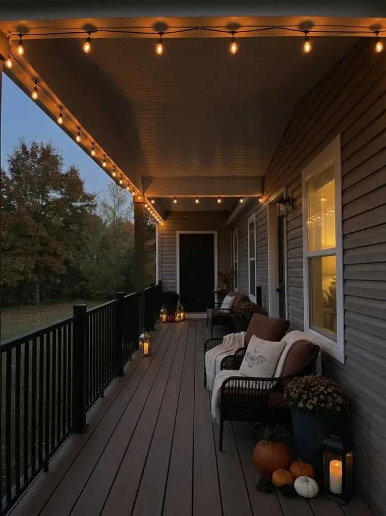 Backlit Halloween cat and moon silhouette in the window adds depth behind a narrow mobile home patio.