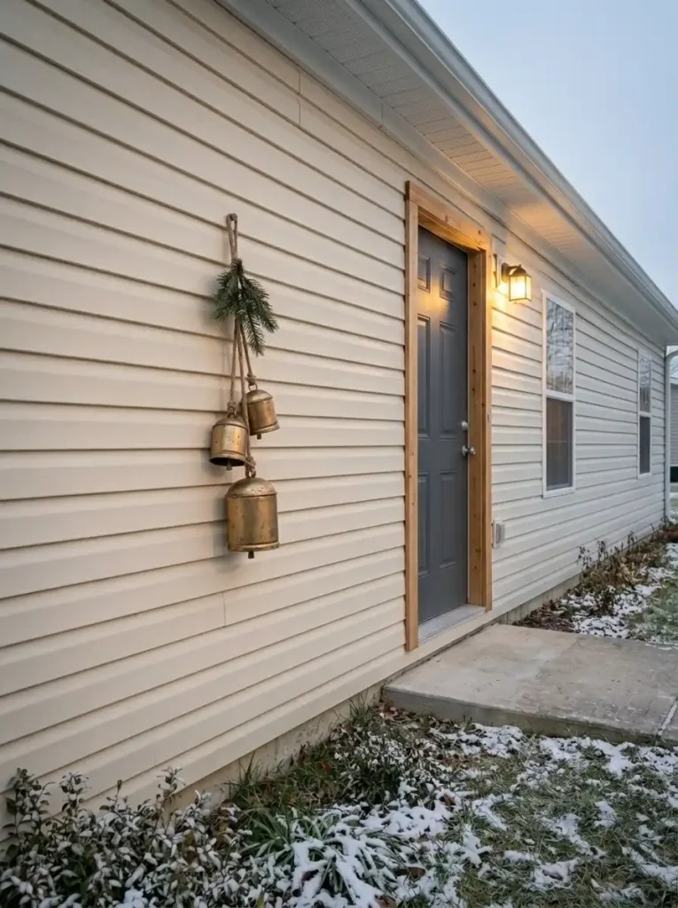 Antique brass Christmas bells hanging beside a charcoal manufactured-home door with warm porch lighting.