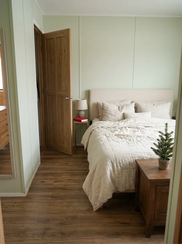 Two differently styled bedside tables with a miniature Christmas tree on one side and a red book and lamp on the other.