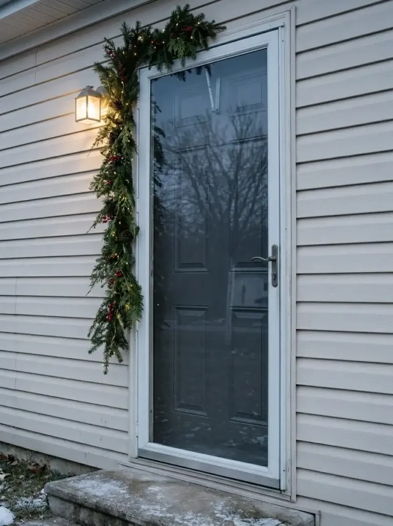 Asymmetrical Christmas garland along the fixed side of a manufactured-home doorway, leaving the door clear.