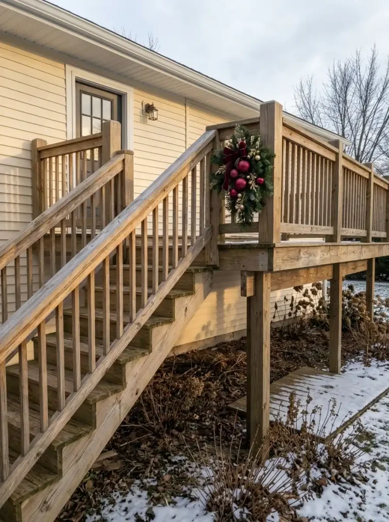 Red Christmas ornament spray on the outer corner post of a compact cedar mobile-home deck.