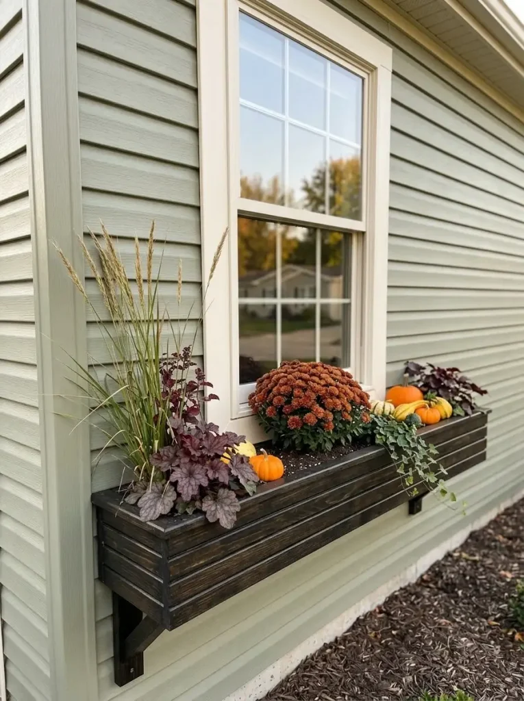 Asymmetrical fall window box on a narrow mobile-home window with tall grasses, rust mums and a low pumpkin cluster.