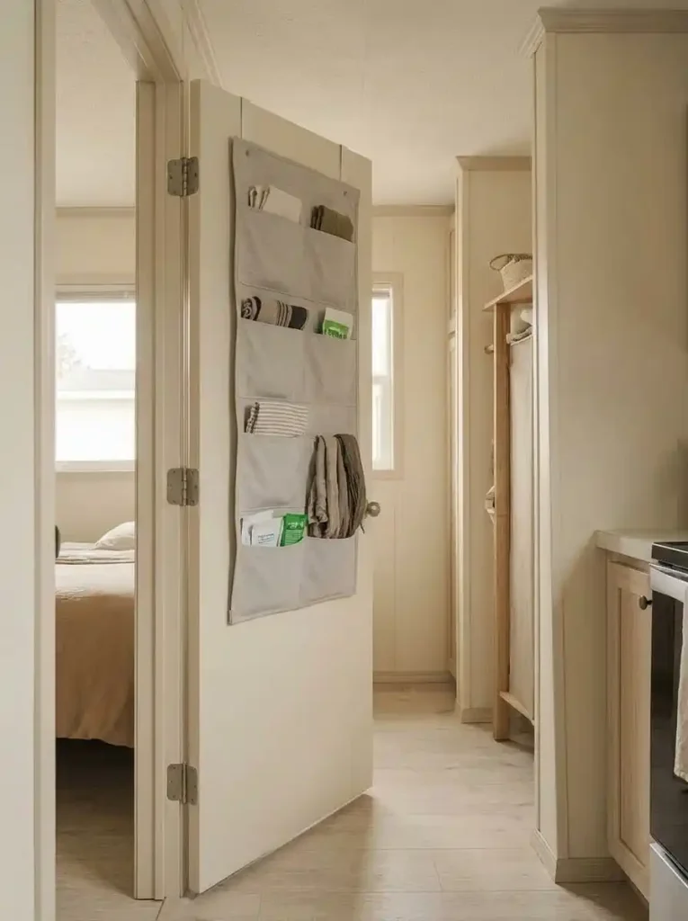 Shallow organizer on the back of a mobile home door shown from the hinge side with clearance for the door to open normally.