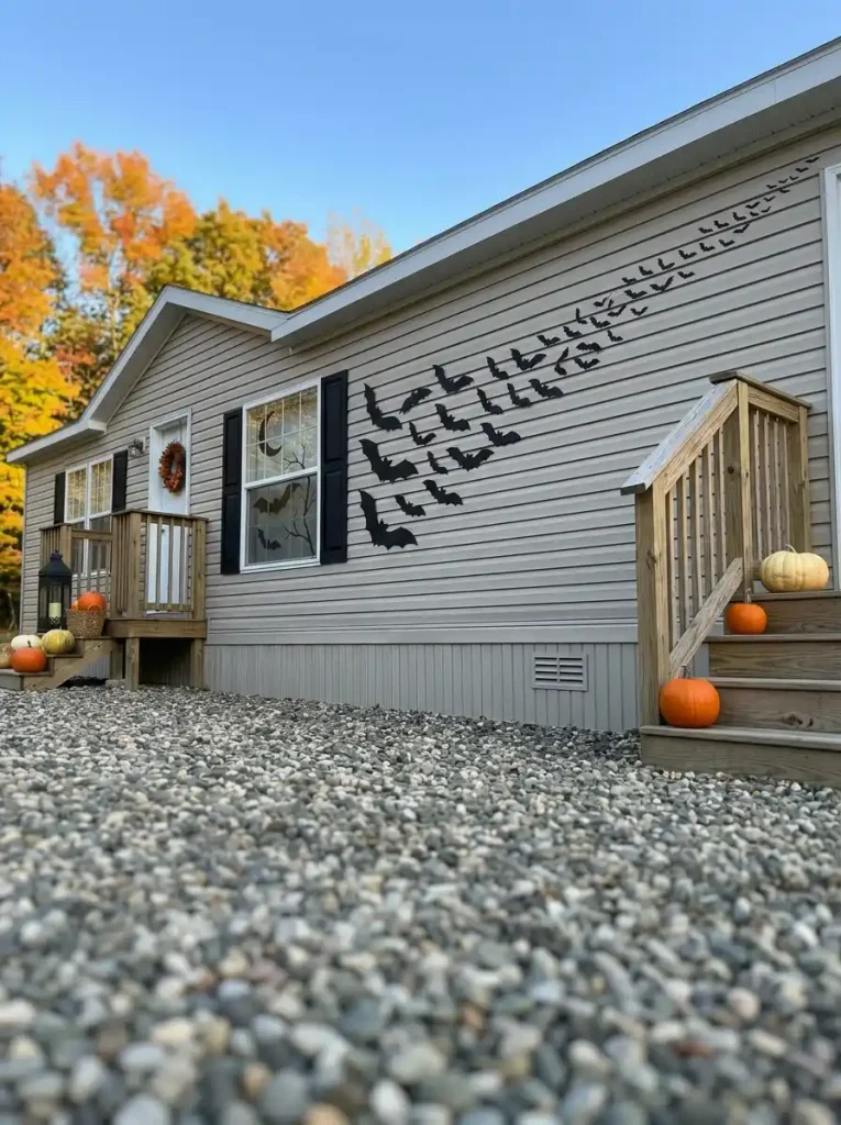 Directional black bat silhouettes sweeping from a front window across part of a manufactured-home façade with the rest of the siding left open.