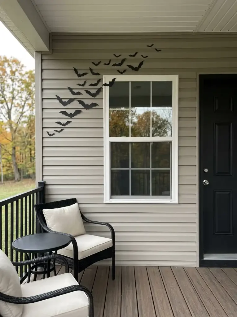 Black Halloween bat silhouettes taper upward across blank greige siding beside a mobile home patio.
