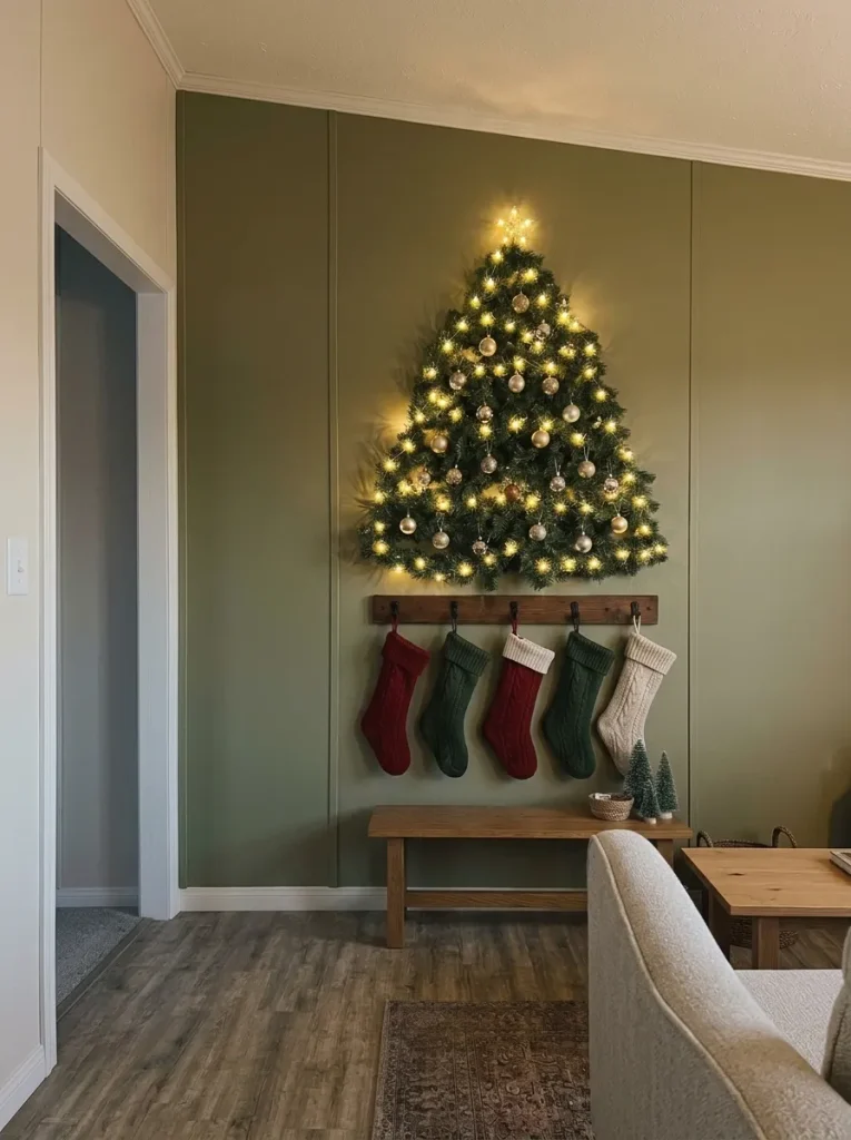 Triangular illuminated Christmas tree with lightweight gold and silver baubles on an olive living room wall.