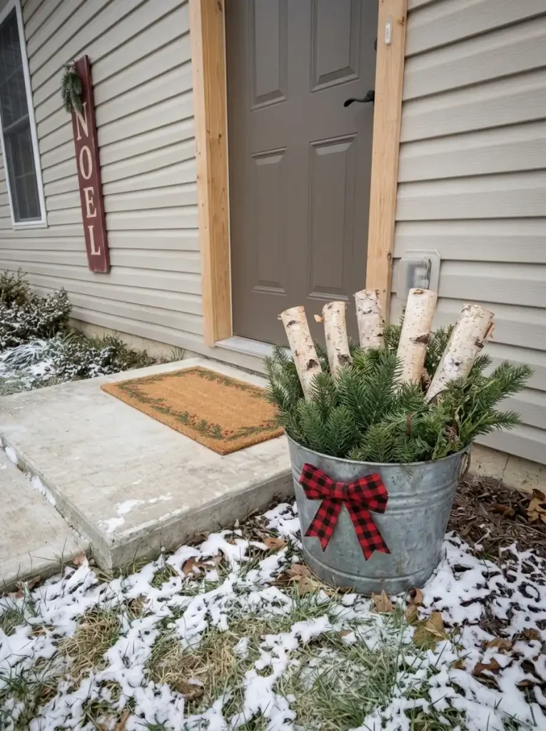 Galvanized bucket with birch logs, pine greenery and plaid bow beside a manufactured-home Christmas doorway.