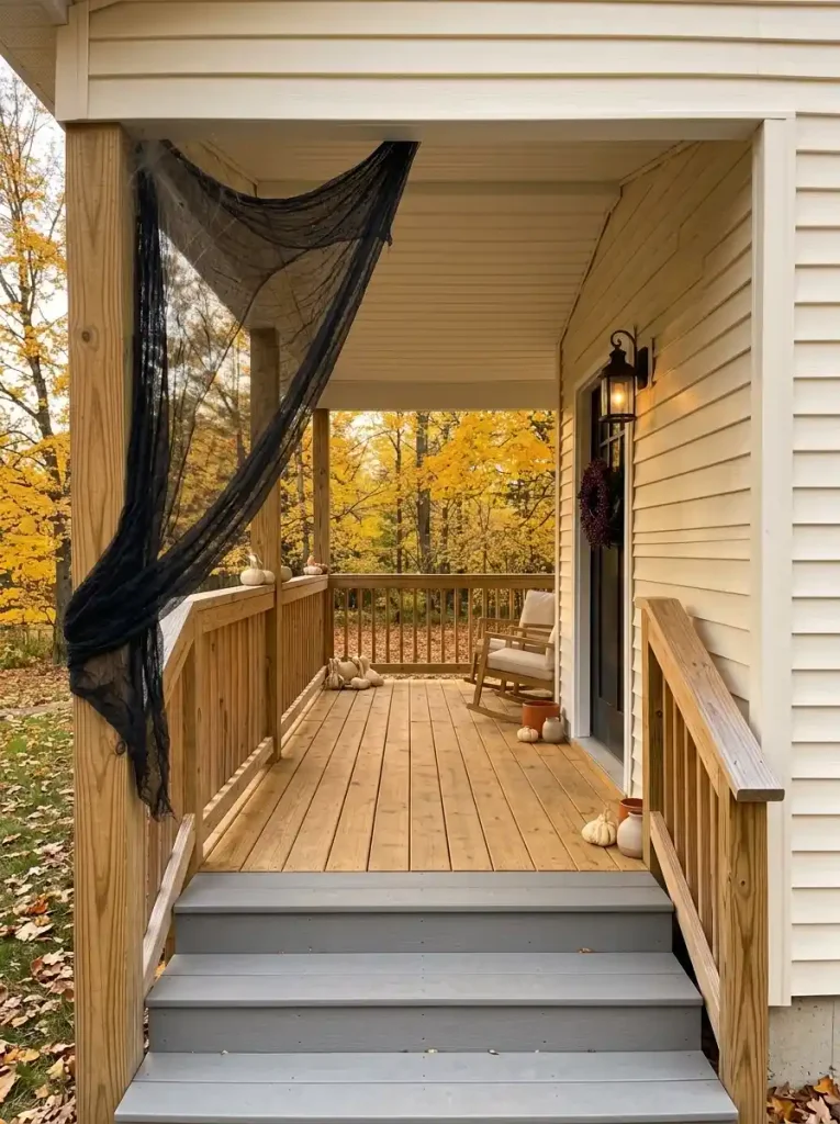 Black gauze drapes through one outer porch bay of a narrow mobile home porch while the central walkway and door remain visible.