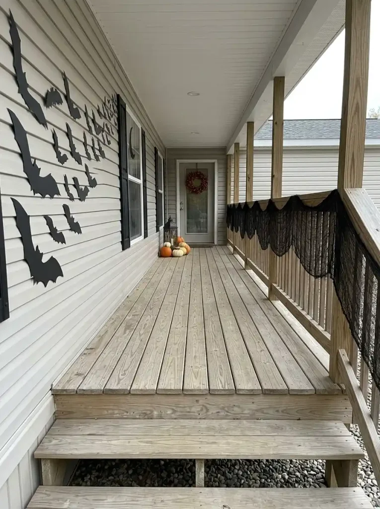Black Halloween mesh following one porch railing line on a manufactured home while the center walking path stays clear.